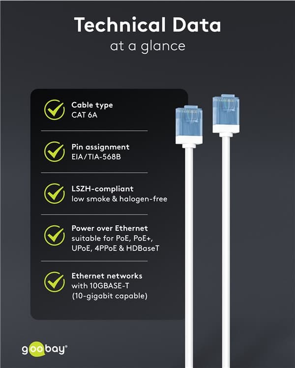Ultrafleksibel patchkabel CAT 6A, slank, U/UTP, hvit