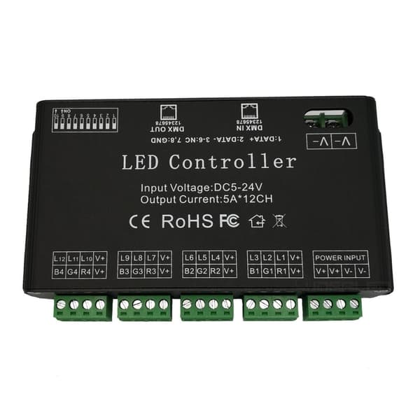 12-kanals DMX-dekoder, hög effekt 60A utgång, DC5V-24V LED RGB-kontrollenhet