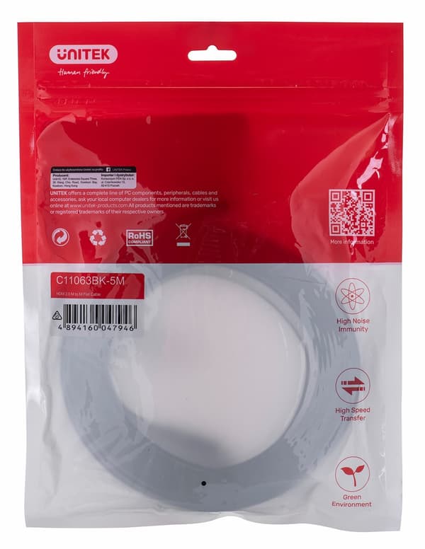 UNITEK HDMI CABLE 2.0 4K60HZ, FLAT, 5M, C11063BK-5M