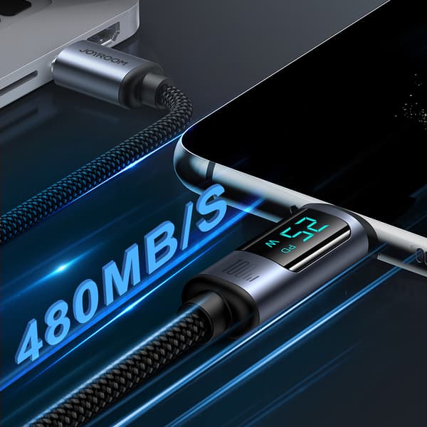 USB-C kabel med LED display 100W 1,2m svart