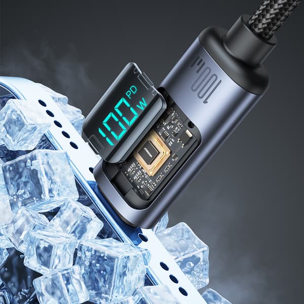 USB-C kabel med LED display 100W 1,2m svart
