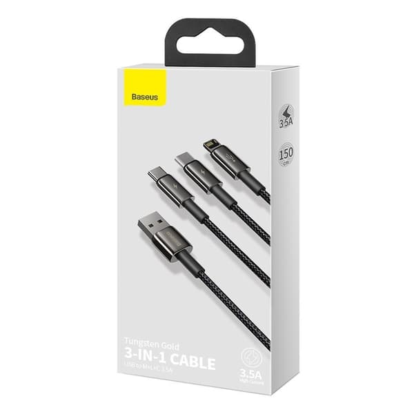 3i1 USB kabel USB-C Iphone Lightning microUSB 3,5 A 1,5 m sort