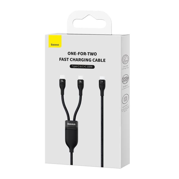 Kabel hurtigopladningskabel Flash Series 2in1 USB-C 2xUSB-C 100W 1,5m sort