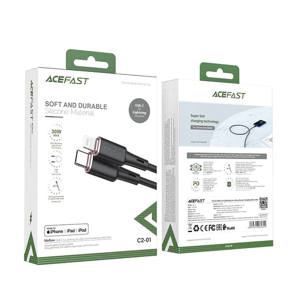 Kabel til iPhone MFI USB-C - Lightning 30W 3A 1,2m sort