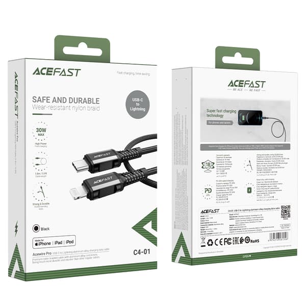 MFI kabel til iPhone USB-C - Lightning 30W 3A 1,8m sort