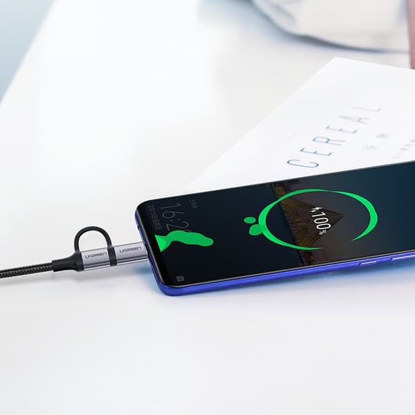 2in1 Kaapeli, vahva punottu kaapeli USB - microUSB + USB-C 1m 2.4A musta