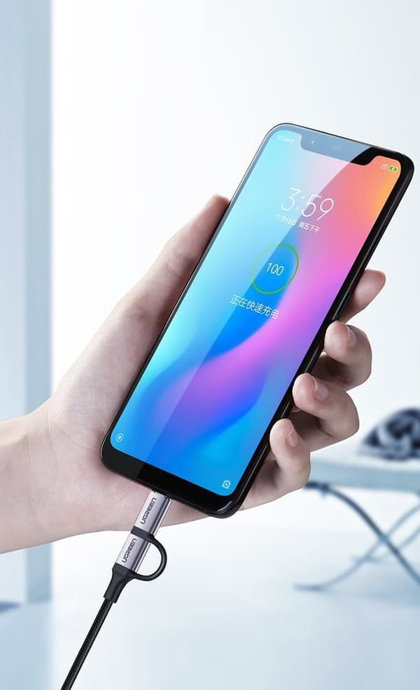 2in1 Kaapeli, vahva punottu kaapeli USB - microUSB + USB-C 1m 2.4A musta