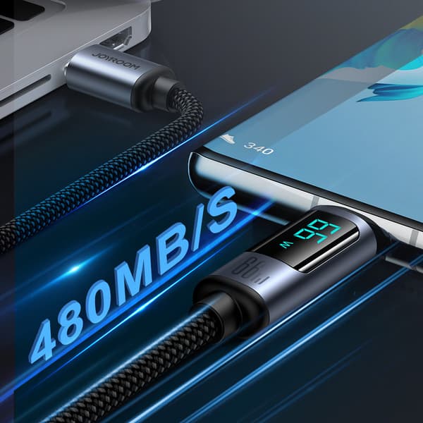 Kaapeli LED-näytöllä USB-C - USB-A 66W 1,2m musta