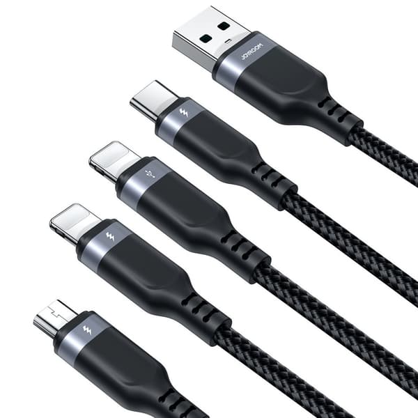 4in1-kaapeli USB-A - USB-C 2x iPhone Lightning microUSB 1,2m musta