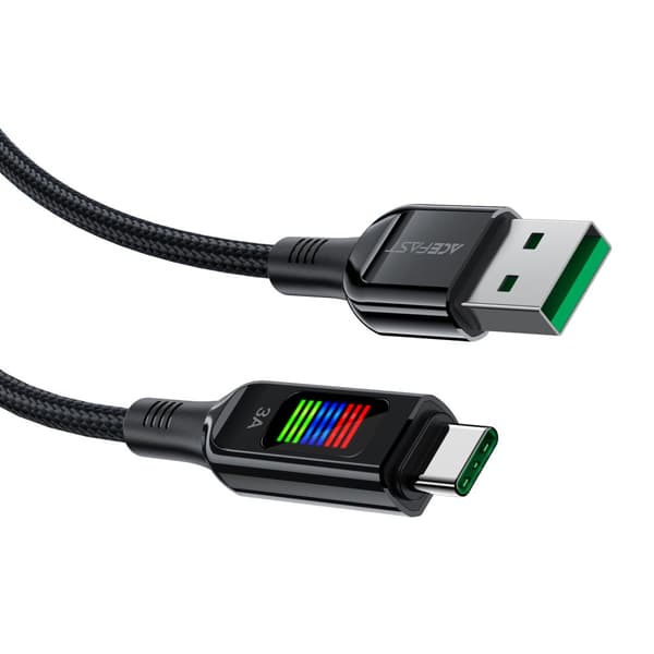 USB-A - USB-C-kaapeli 60 W 1,2 metrin näytöllä, musta