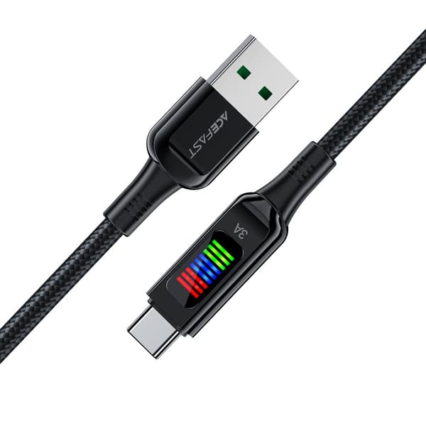 USB-A - USB-C-kaapeli 60 W 1,2 metrin näytöllä, musta