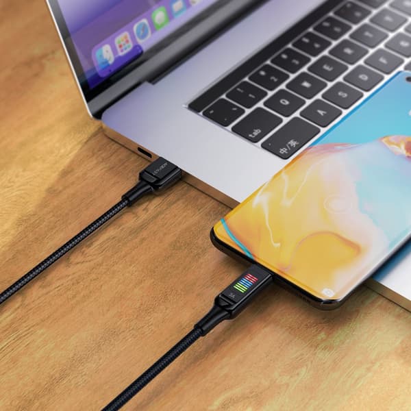 USB-A - USB-C-kaapeli 60 W 1,2 metrin näytöllä, musta