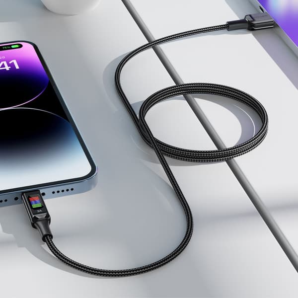 USB-A - USB-C-kaapeli 60 W 1,2 metrin näytöllä, musta