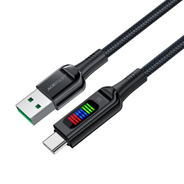 USB-A - USB-C-kaapeli 60 W 1,2 metrin näytöllä, musta