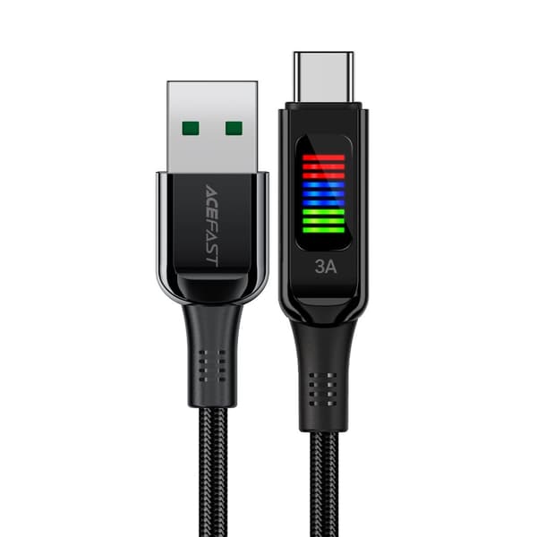 USB-A - USB-C-kaapeli 60 W 1,2 metrin näytöllä, musta