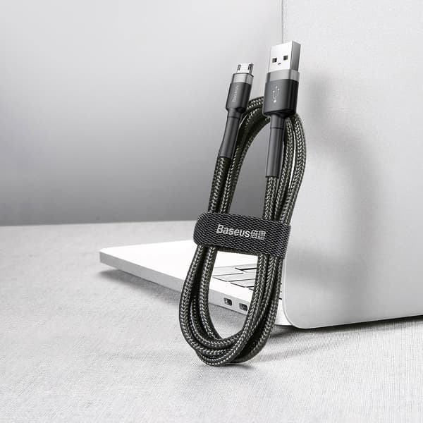 Slitstark flexibel kabel USB microUSB QC3.0 kabel 2,4A 1M svart och grå
