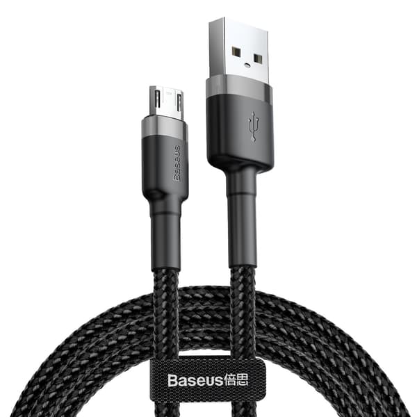 Slitstark flexibel kabel USB microUSB QC3.0 kabel 2,4A 1M svart och grå
