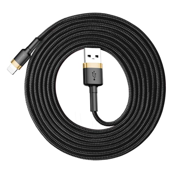 Slitstark flexibel kabel Iphone Lightning QC3.0 USB-kabel 1,5A 2M svart och guld
