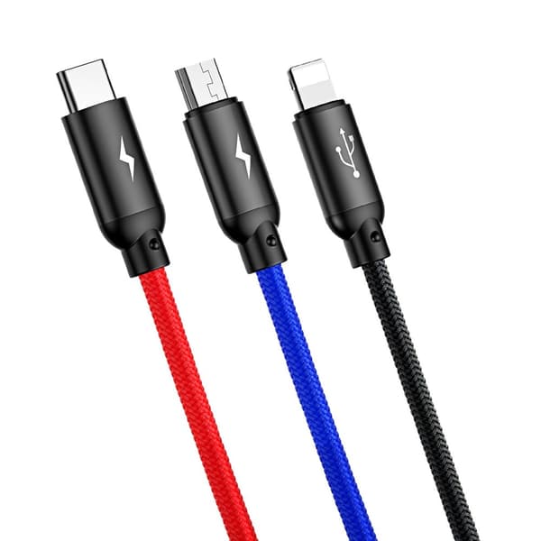 Slitstark kabel 3in1 USB microUSB Iphone Lightning USB-C 3.5A 1.2M svart