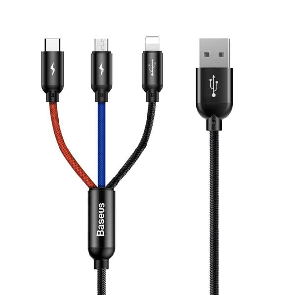Slitstark kabel 3in1 USB microUSB Iphone Lightning USB-C 3.5A 1.2M svart