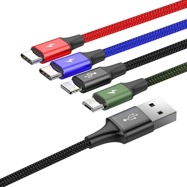 Kabel USB kabel 4i1 Iphone Lightning 2 x USB-C microUSB i nylon fletning 3,5A 1,2m sort