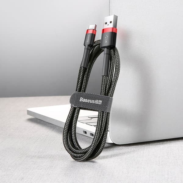 Holdbart nylonkabel USB-C QC3.0 2A 3M sort og rød