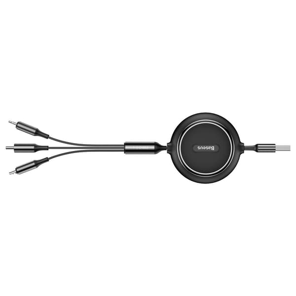 Infällbar kabel 3-i-1 USB microUSB-kabel Iphone Lightning USB-C 3.5A 35cm 120cm svart