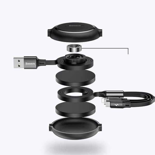 Infällbar kabel 3-i-1 USB microUSB-kabel Iphone Lightning USB-C 3.5A 35cm 120cm svart