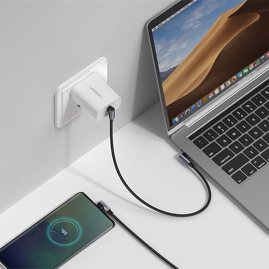 Vinklet kabel med side USB-C til USB-C Quick Charge stik, 1 m - grå