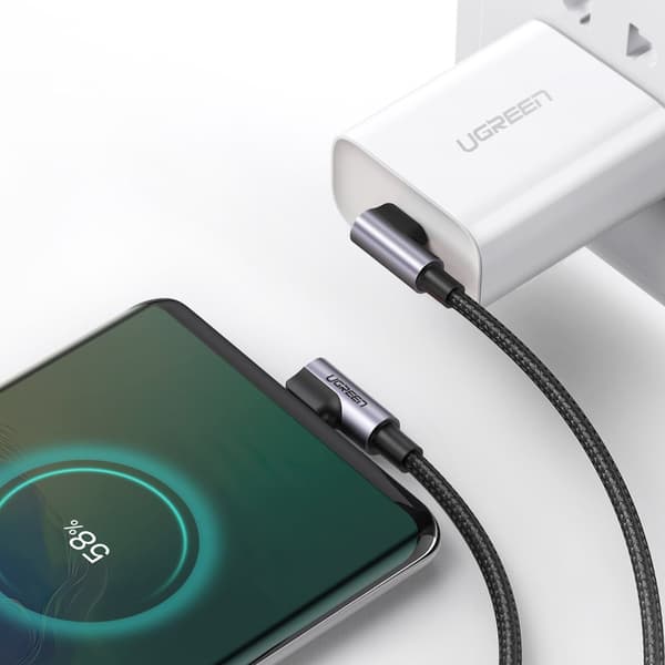 Vinklet kabel med side USB-C til USB-C Quick Charge stik, 1 m - grå