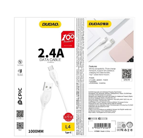 Kabel til iPhone USB - Lightning 2.4A 1m hvid