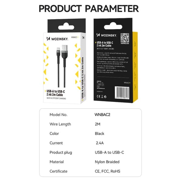Punottu kaapeli USB-A - USB-C 2.4A 1m musta