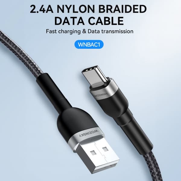 Punottu kaapeli USB-A - USB-C 2.4A 1m musta