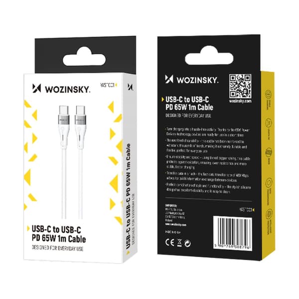 Kestävä joustava kaapeli USB-C - USB-C PD 65W 1m valkoinen