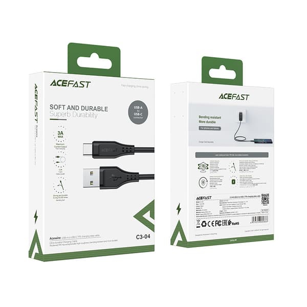 Telefonkabel USB - USB-C 3A 1,2m sort