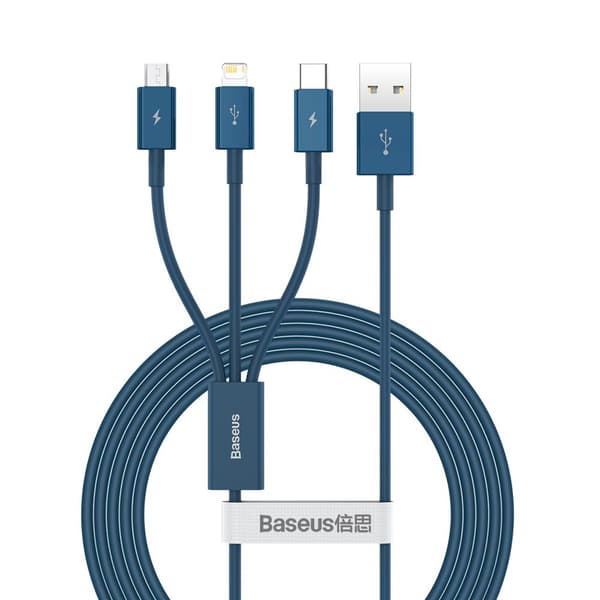 3-i-1 kabel universell USB - Lightning / USB-C / micro USB 3.5A 1.5m blå