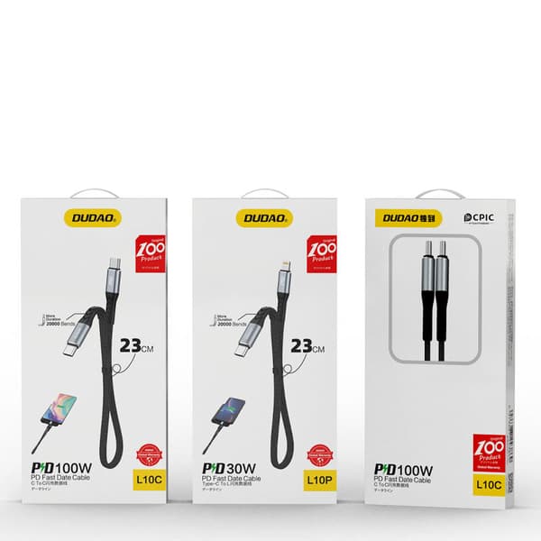 Kort fladt kabel til iPhone USB-C - Lightning L10P PD 20W 23cm sort
