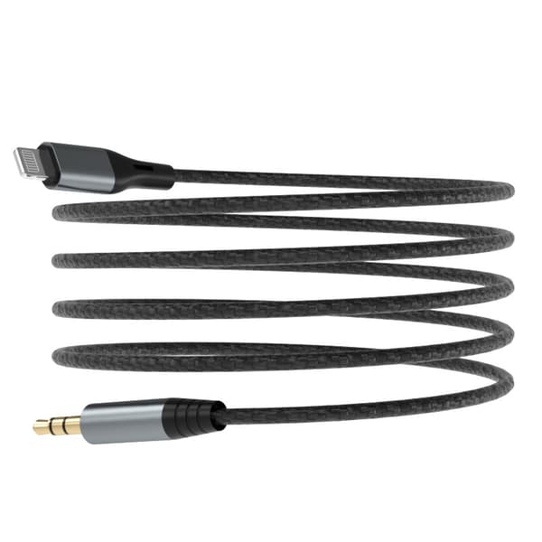 Bomuldsflettet AUX-lydkabel iPhone Lightning - ministik 3,5 mm 1m, grå