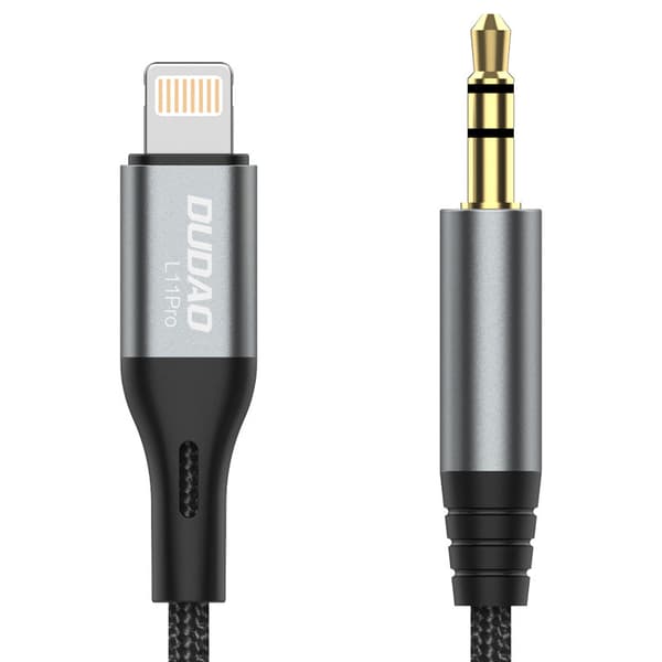 Bomuldsflettet AUX-lydkabel iPhone Lightning - ministik 3,5 mm 1m, grå