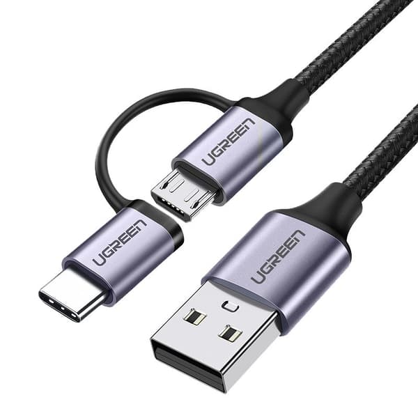 2-i-1-kabel, stark flätad kabel USB - microUSB + USB-C 1m 2,4A svart