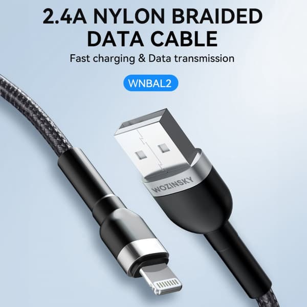 Flätad kabel för iPhone USB-A - Lightning 2.4A 2m svart
