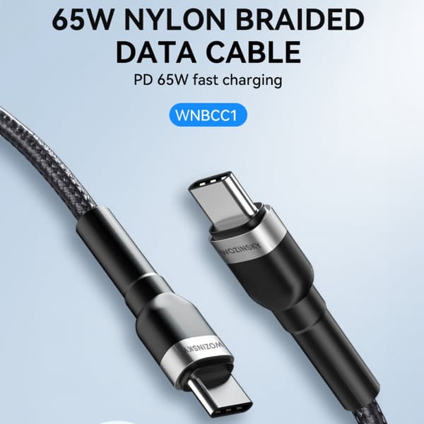 Flettet kabel USB-C - USB-C PD 65W 1m sort