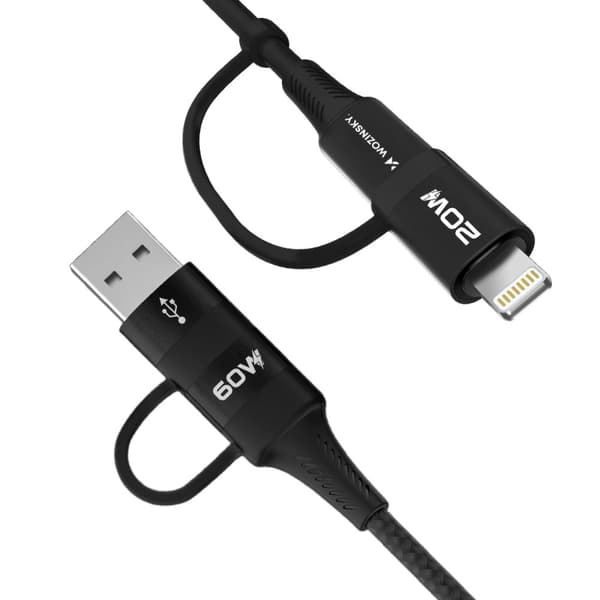 4-i-1 universalkabel 2x USB-C 1x USB-A 1x Lightning 60W 1m sort