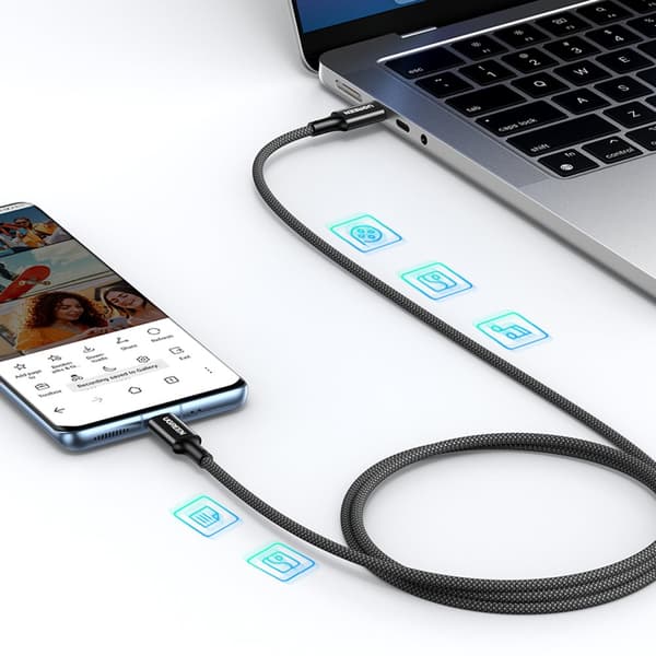 Flettet USB-C kabel PD 100W 5A 480Mb/s 1m sort