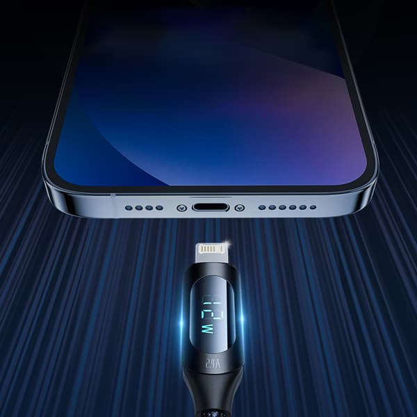 USB-A - Lightning-kabel för iPhone med LED-display 2,4A, 2m, svart