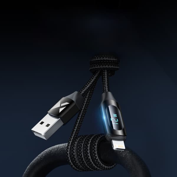 USB-A - Lightning-kabel för iPhone med LED-display 2,4A, 2m, svart