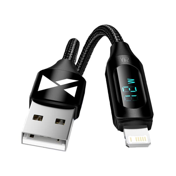 USB-A - Lightning-kabel för iPhone med LED-display 2,4A, 2m, svart