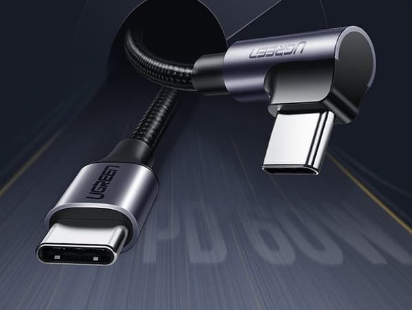 Vinklet USB-C strømforsyningskabel 60W 20V 3A 2m sort og grå