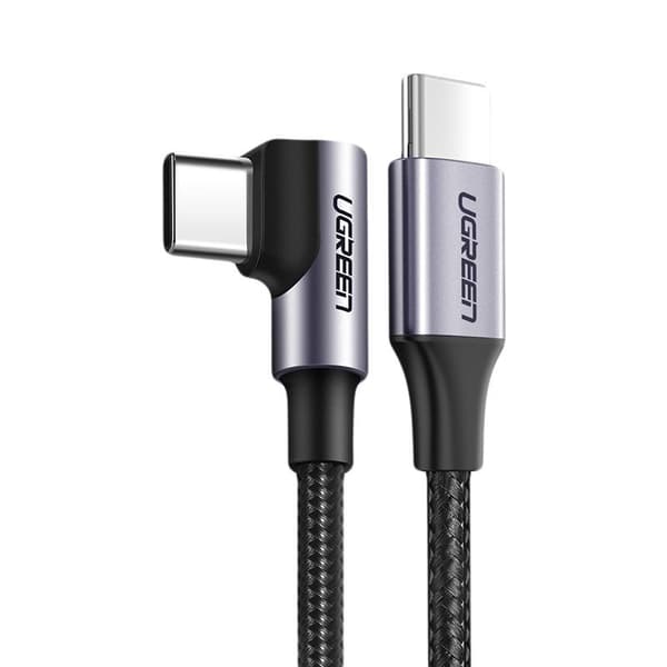 Vinklet USB-C strømforsyningskabel 60W 20V 3A 2m sort og grå