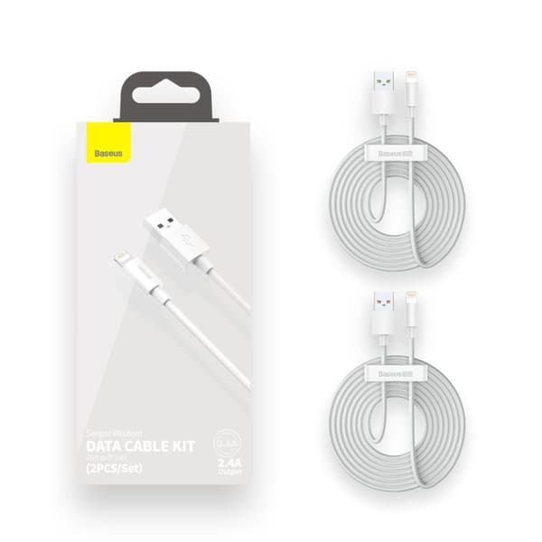 Baseus Simple Wisdom datakabelsats USB till Lightning 2,4A (2st/set）1,5m vit